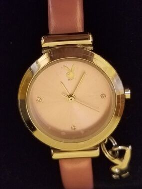 PLAYBOY Gold-Tone Watch with Pink Dial and Pink Strap